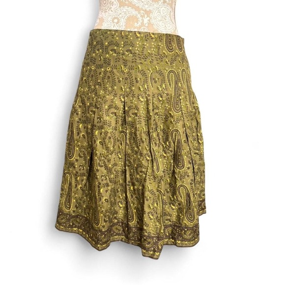 H&M Women's Skirt Size 6 Green Paisley Print Pleated Boho Cotton Blend Lined - Picture 2 of 7